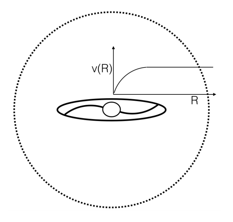 Náčrt rotačnej krivky - závislosti orbitálnej rýchlosti $v(R)$ ako funkcie $R$ od stredu galaxie.